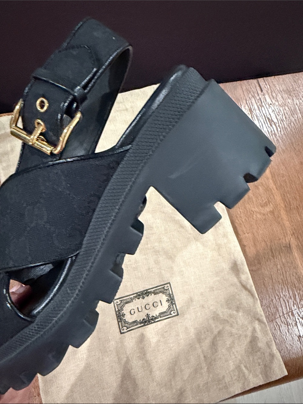 Gucci Black Crisscross GG Canvas Slingback Sandals with Gold Buckle - Picture 9 of 10